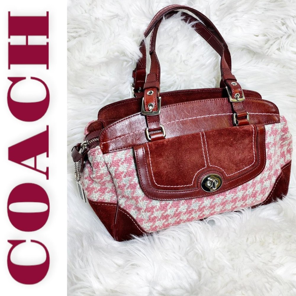 Vintage Coach Hampton Pink Houndstooth Satchel With Red Suede & Leather Trim